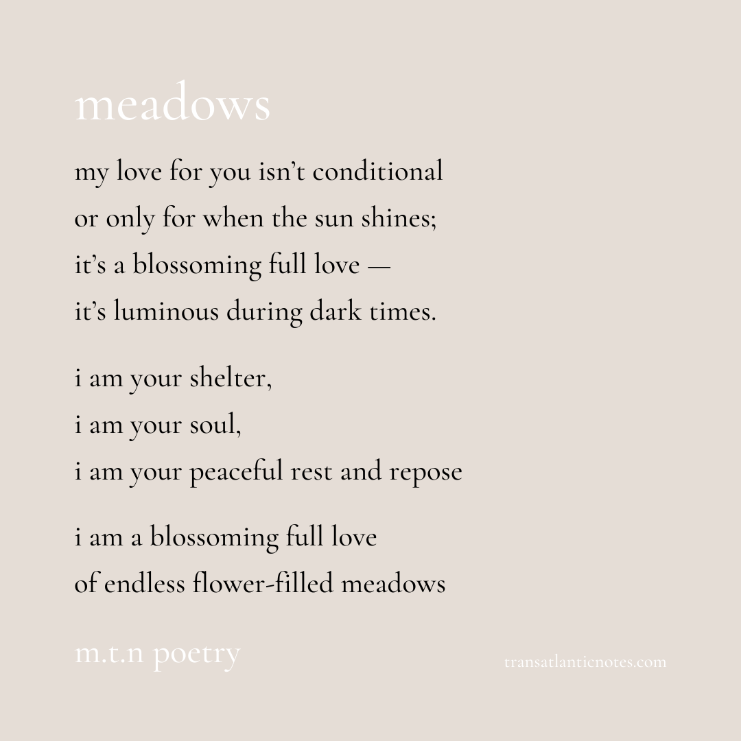 A poem by Molly from Transatlantic Notes called, ’Meadows’ that reads: My love for you isn’t conditional or only for when the sun shines; it’s a blossoming, full love; it’s luminous during dark times. I am your shelter, I am your soul, I am your peaceful rest and repose. I am a blossoming, full love of endless flower-filled meadows.