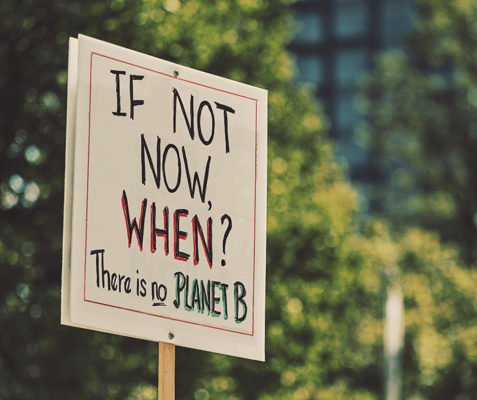 A sign from a climate change protest that reads: ‘If Not Now, When? There Is No Planet B.’. Photo via shaunl/Canva.
