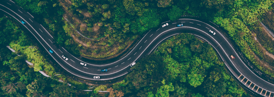 An aerial view of a black tarmac road in the middle of some dense, green trees; photo via Deva Darshan/Pexels.