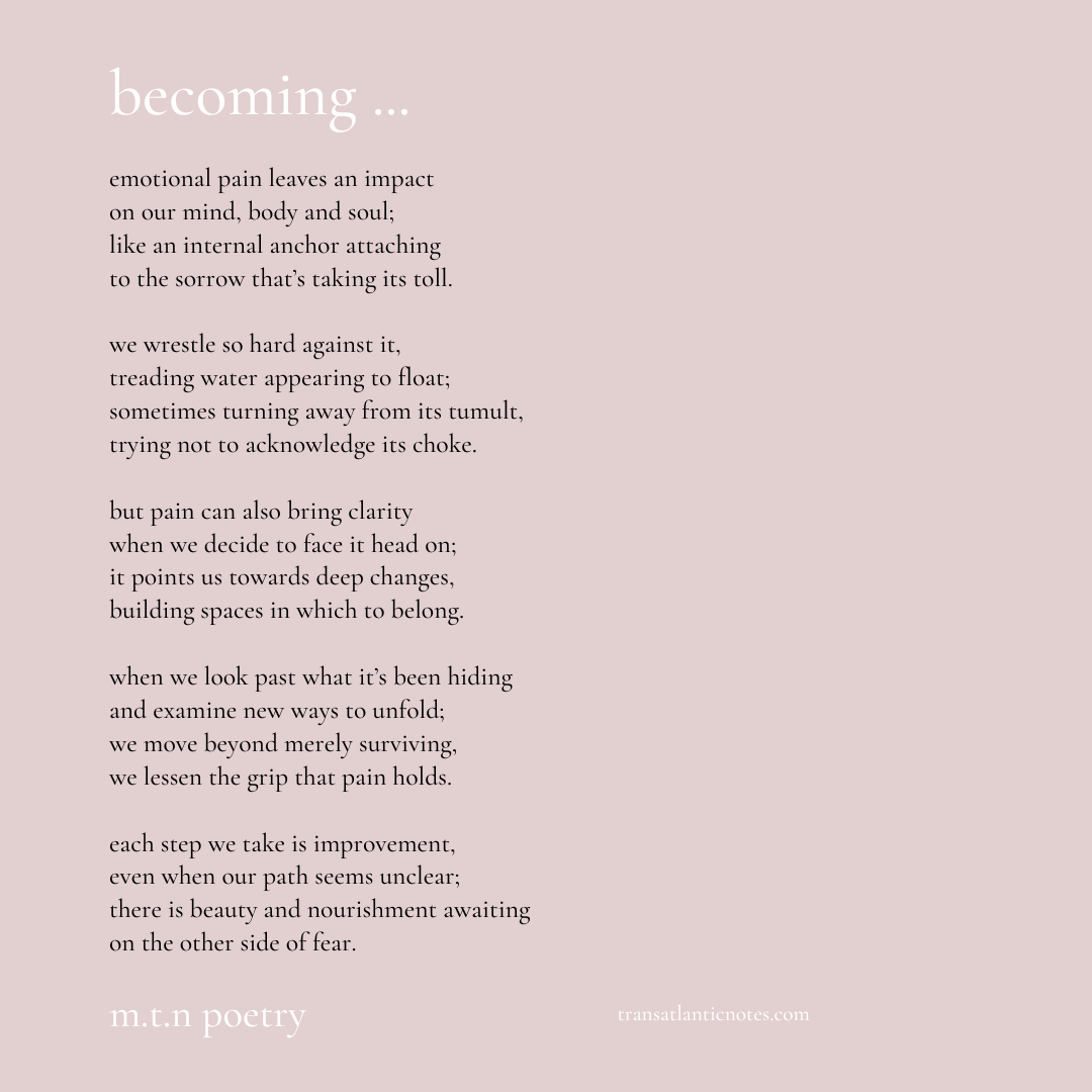 A graphic link to a post on Transatlantic Notes called, ‘Becoming: Transforming Pain Into Something Beautiful (A Poem)’.