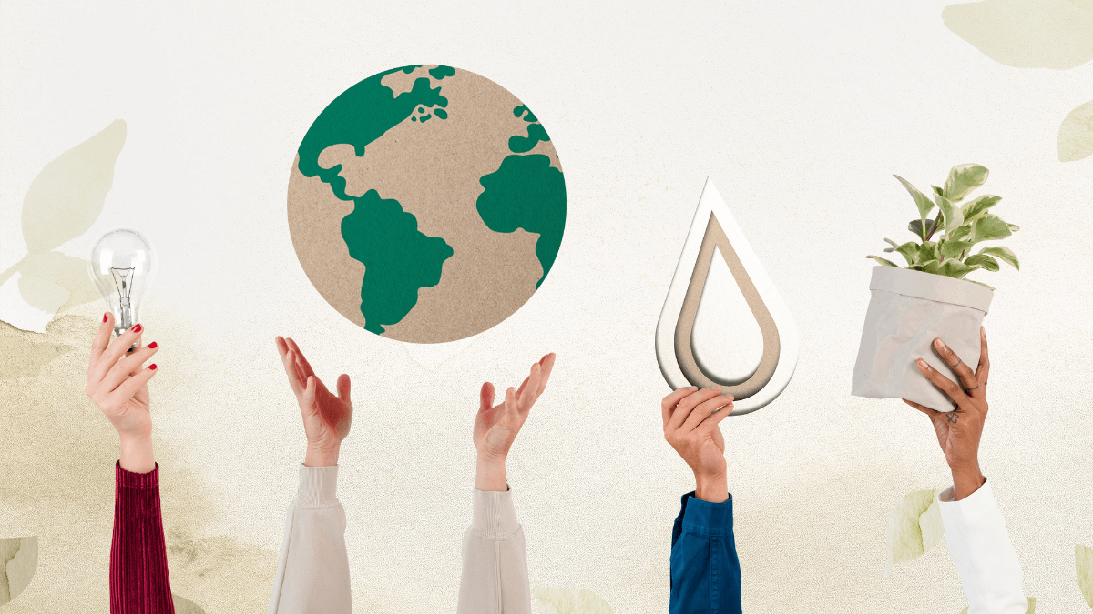 Four hands raised, each holding a symbol of sustainability: a light bulb for energy conservation, a globe representing environmental awareness, a water droplet for resource conservation, and a potted plant for eco-friendly practices.