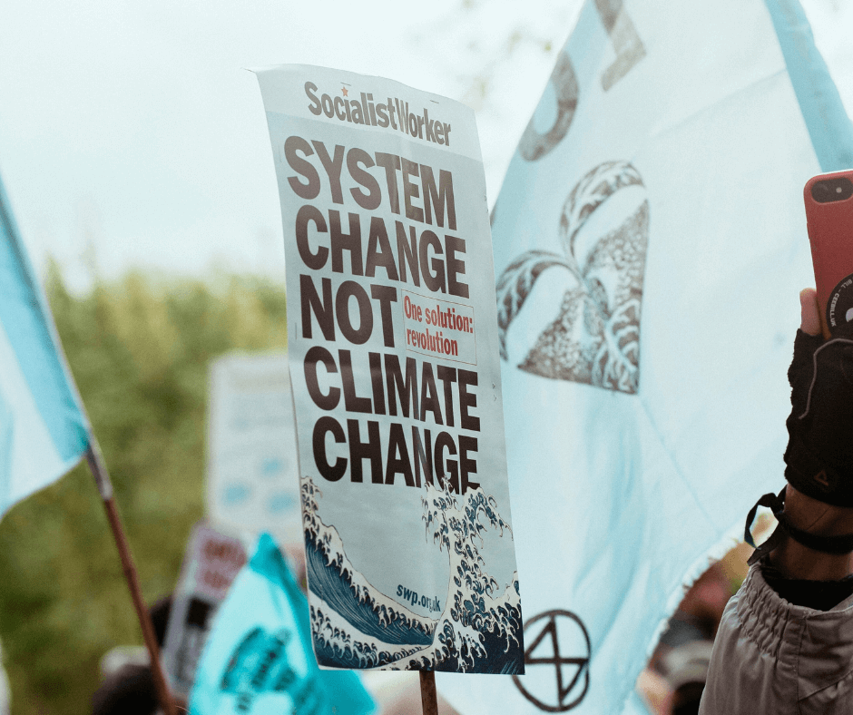 Protesters hold signs and flags at a climate demonstration, including one reading 'System change not climate change’.