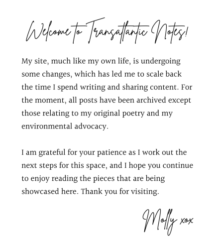 A message that reads: My site, much like my own life, is undergoing some changes, which has led me to scale back the time I spend writing and sharing content. For the moment, all posts have been archived except those relating to my original poetry and my environmental advocacy. I am grateful for your patience as I work out the next steps for this space, and I hope you continue to enjoy reading the pieces that are being showcased here. Thank you for visiting.